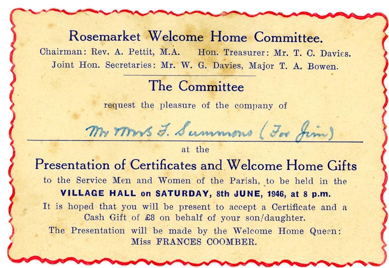 Rosemarket Welcome Home Committee invitation, June 1946